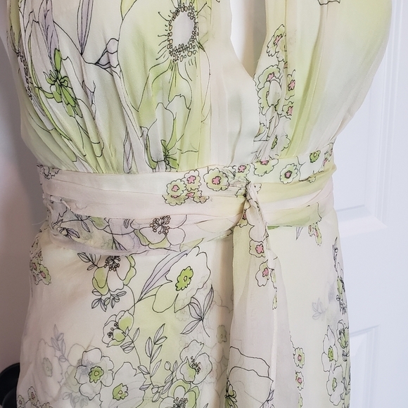 David Meister Yellow Green Silk Floral Halter Ruffle 90s Y2K Dress 4 - Picture 4 of 12